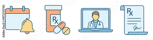 Set of color vector icons for online medical consultation, prescription, and healthcare services. Includes doctor on laptop, pills, and appointment reminder.