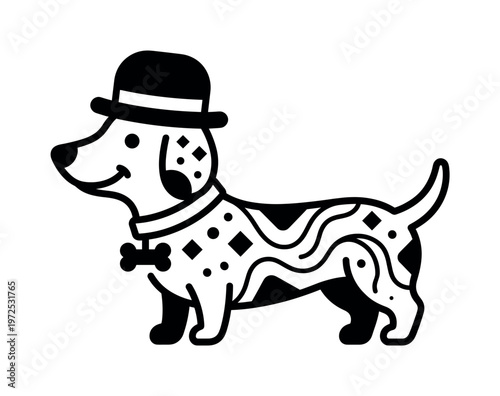 A cute cartoon dachshund dog with a bowler hat and collar. This charming black and white vector illustration is perfect for logos, icons, and pet-related designs.