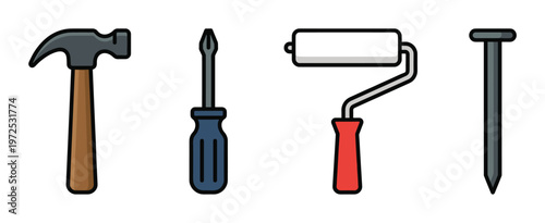 A set of cartoon vector icons for construction and repair. Includes a hammer, screwdriver, paint roller, and nail for DIY or home improvement projects.