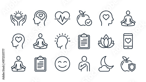 Set of wellness and mental health line icons. Symbols for mindfulness, meditation, healthy lifestyle, and self-care. Perfect for web, app, and infographics.