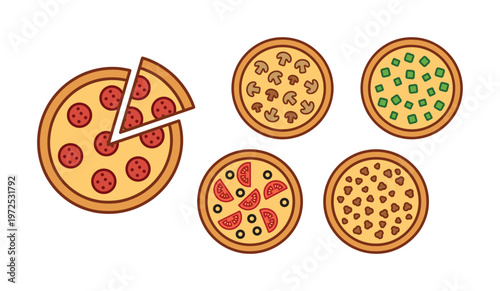 A collection of different pizzas with various toppings. Vector set for menu, restaurant, or food delivery. Includes pepperoni, mushroom, and vegetarian options.