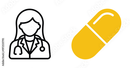 Set of medical vector icons. Female doctor with stethoscope and yellow pill capsule. Symbol of healthcare, pharmacy, treatment, and medical consultation.