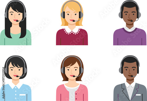 Customer Support Avatar Set with Diverse Call Center Agents Wearing Headsets for Help Desk, Technical Support, Online Service and Communication Design