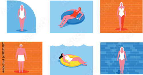 Summer Swimming People Vector Set with Men and Women in Pool, Float Ring Relaxation and Beachwear Poses for Vacation and Leisure Illustration