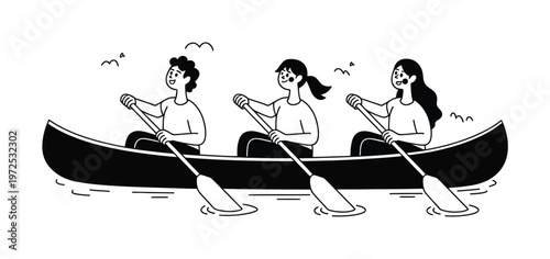 Three people in a canoe paddling together on the water with birds flying overhead