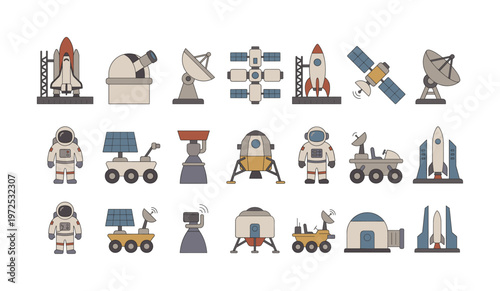 A set of space exploration icons. Includes astronaut, rocket, satellite, and rover. Vector illustration for science, technology, and educational projects.