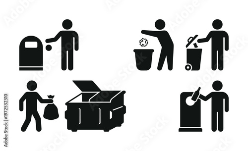 A set of black vector icons showing a person throwing trash, recycling waste, and disposing of garbage. For ecology and environmental concepts.