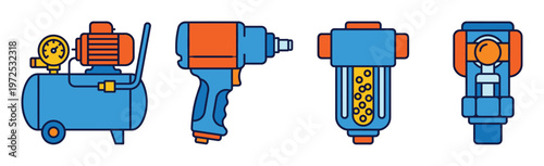 A set of pneumatic power tools and air compressor equipment. Modern vector icons for industry, service, and repair manuals. Colorful flat line art illustrations.