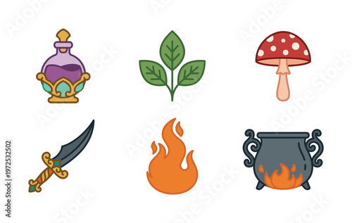 A set of cartoon fantasy icons for RPG games. Includes a magic potion, leaves, mushroom, sword, fire, and witch's cauldron. Vector illustration for fantasy design.