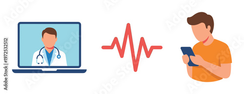 A vector icon set for online doctor consultation and telehealth. Patient uses a smartphone to connect with a doctor for remote healthcare and monitoring.