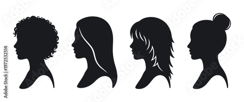 Collection of woman head profiles with various hairstyles: curly, long, shaggy, and bun. Minimalist black vector icons for beauty, fashion, or branding.