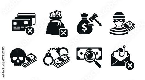 A set of vector icons about financial crime and fraud. Includes symbols for theft, phishing, and corruption. For web, UI, and security presentations.