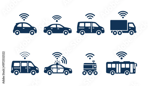 Set of smart car and autonomous transport icons. Vector illustration for technology, connectivity, transportation, and future mobility concepts.