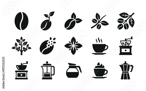 A collection of black coffee vector icons. Symbols show the production and brewing process, from bean and plant to cup, grinder, and pot. Perfect for cafe menus.