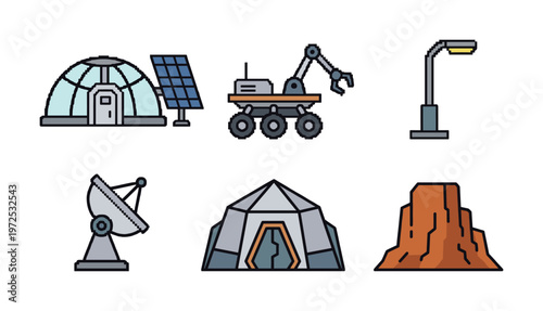 Vector icon set for Mars colonization concept. Features rover, dome, solar panel, and satellite. Modern pixel design for science, web, and tech themes.