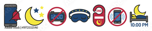 A set of sleep hygiene icons for a healthy bedtime routine. Vector graphics for insomnia, wellness, and lifestyle concepts. No phone, DND, mask, and alarm symbols.