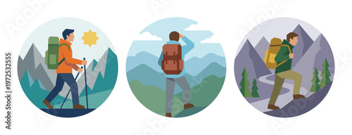 Set of three vector icons showing a male hiker with a backpack on an adventure. Flat design illustrations for travel, tourism, and outdoor lifestyle concepts.