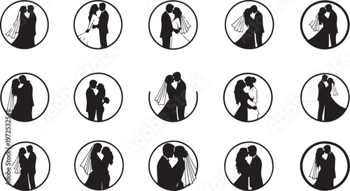 Silhouette of romantic couples in circular frames