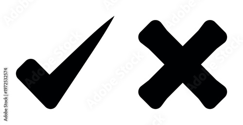 Black tick and cross vector icons. Yes and No symbols for correct and incorrect choice. Flat illustration for approval and rejection concepts.