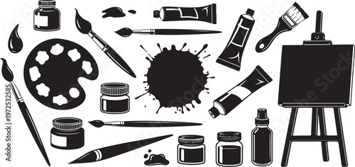 Black and white painting tools and supplies illustration