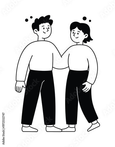 Two stylized figures in black and white, one with arm around the other's shoulder