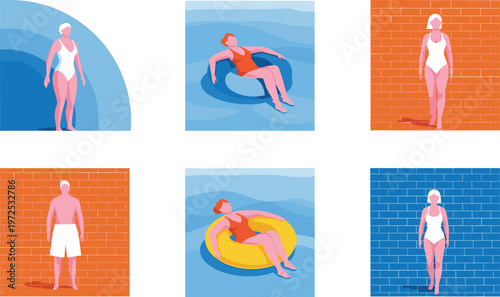 Summer Swimming People Vector Set with Men and Women in Pool, Float Ring Activities and Beachwear Poses for Vacation and Leisure Illustration