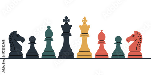 king, queen, bishops, knights, and pawns in black and orange colors lined up, illustrating hierarchy and rank in chess strategy and game pieces.