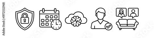 Mental Health and Online Therapy Line Icon Set Featuring Data Security, Appointment Scheduling, Professional Counseling, and Virtual Group Therapy Sessions for Healthcare and Wellness Services
