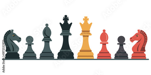king, queen, bishops, knights, and pawns in black and orange colors lined up, illustrating hierarchy and rank in chess strategy and game pieces.