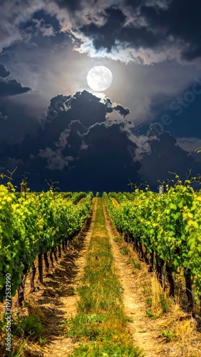 Moonlit Vineyard Path under Dramatic Clouds at Night