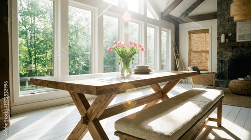 Cozy Living Room with Bright Sunlight and Wooden Table Surrounded by Greenery and Flowers