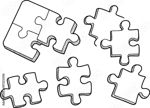 Hand drawn puzzle pieces scattered and partially connected a white background game