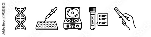 Medical Laboratory and Genetic Testing Icons Set: DNA Helix, Pipette with Well Plate, Centrifuge, Blood Sample Analysis, and Rapid Diagnostic Test Kit for Science and Healthcare Research