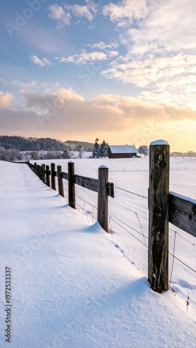 Snowy Landscape with wooden Fence and Barn at Sunrise Glow