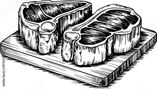 Raw T Bone Steaks Wooden Cutting Board Hand Drawn meat tbone