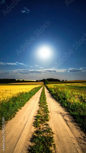 Serene Moonlit Pathway Through Golden Fields Under Starry Sky