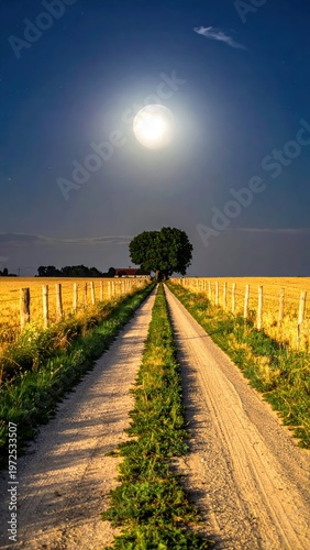 Serene Country Road Under Full Moonlight with Tree View