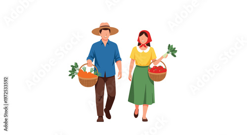 A cheerful farming couple walks forward while carrying wicker baskets overflowing with freshly harvested orange carrots and ripe red tomatoes against a plain background.