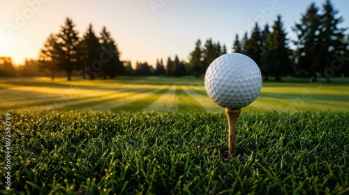 Golf Ball Teed at Sunrise on a Lush Green Course Surrounded by Tall Pine Trees in Nature