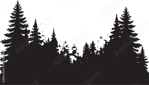 Black Silhouette of Pine Trees on White Background