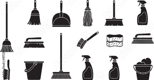 Cleaning tools and supplies in black and white