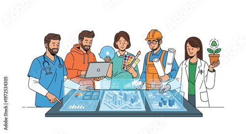 Diverse professionals collaborating on digital project with graphs and blueprints on screens