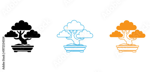 Three stylized bonsai trees depicted with different artistic cloud-like canopies isolated on transparent background, Vector