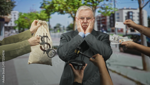 фотографія Elderly man in suit with arms crossed rejects offers of money, a gavel and a dollar bag on a street; corruption guilt