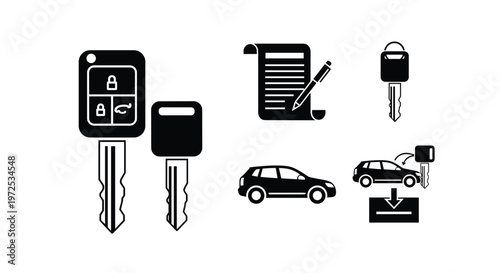 Car keys and vehicle icons set.