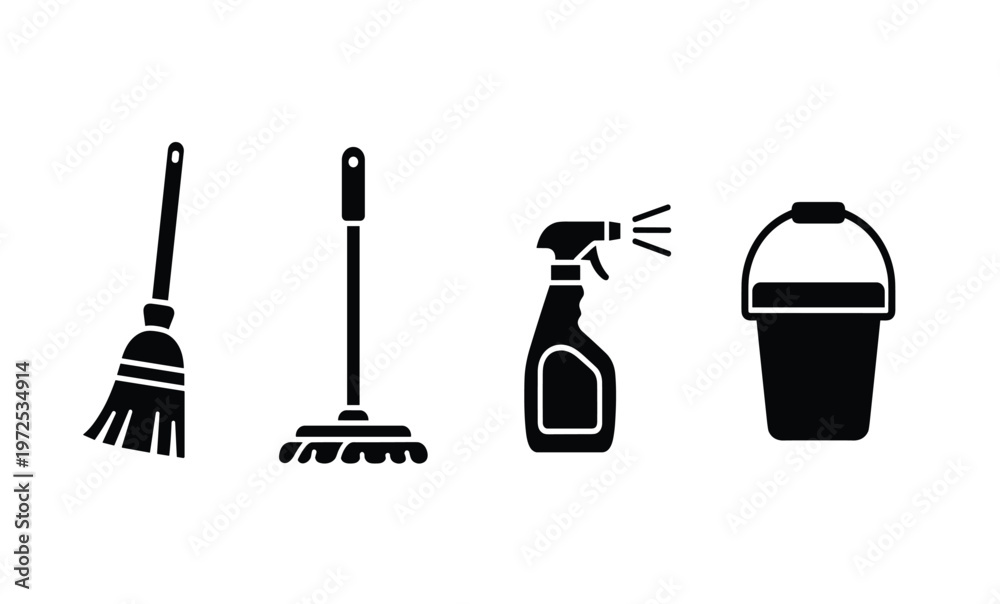 Fototapeta premium Cleaning supplies and trash can icons.
