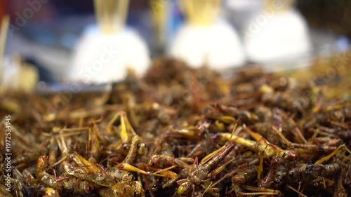 Thai street food fried bugs insects  cricket grasshopper scorpion