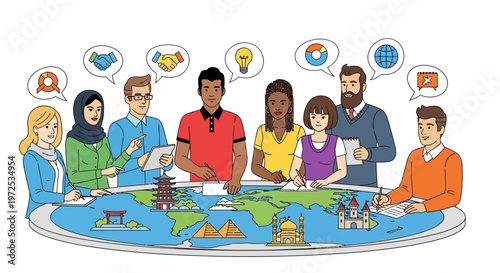 Diverse group of people planning around a world map