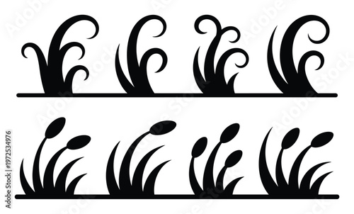 Black Silhouette of Stylized Grass and Cattails Border