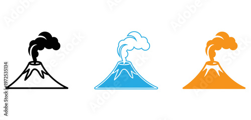 Three distinct illustrations of erupting volcanoes with varying smoke and lava colors isolated on transparent background, Vector